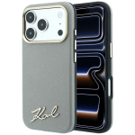 Karl Lagerfeld Saffiano Small Script Metal Logo &uuml;mbris seadmele iPhone 18 Pro / 17 Pro, MagSafe-&uuml;hilduv &ndash; beež