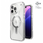 Speck Presidio Perfect-Clear Grip ClickLock & MagSafe &uuml;mbris seadmele iPhone 16 Pro Max, Clear / Chrome Finish / Serene Silver v&auml;rvitoonis