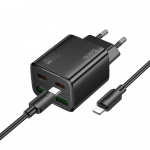 Įkroviklis telefonui Hoco 2 x USB C + 2 x USB A QC3.0 PD 3A 20W + kabelis USB C į Lightning N55 juodas