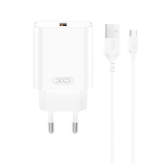 Valge seinalaadija XO CE33, QC 18 W, 1 x USB, koos USB-C-kaabliga