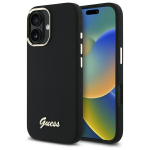 Guess Silicone Script Metal Logo & Frame &Uuml;mbris jaoks iPhone 16 Plus - must