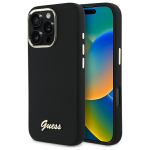 Guess Silicone Script Metal Logo & Frame &Uuml;mbris jaoks iPhone 16 Pro Max - must