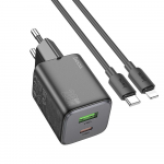 Įkroviklis Hoco USB A + USB C QC PD 3A 20W + kabelis USB C į Lightning N41 juodas