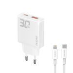GaN Dudao A30EUL 30W USB-A / USB-C Wall Laadija + USB-C - Lightning Kaabel - valge