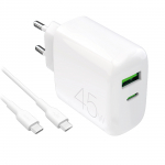 Puro Daily Prolite 45W USB-C USB-A Power Delivery Laadija koos USB-C Kaabel - valge