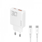 GaN Dudao A30EUT 30W USB-A / USB-C Wall Laadija + USB-C - USB-C Kaabel - valge