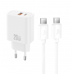XO CE40 PD 20W seinalaadija, 1x USB-C, 1x USB, valge + USB-C&ndash;USB-C kaabel