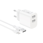 XO CE55 2,4 A seinalaadija, 2 &times; USB, valge, Lightning-kaabliga