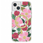 Rifle Paper Clear MagSafe &uuml;mbris seadmele iPhone 14 Plus, kuldset tooni kaunistusega, Rose Garden mustriga