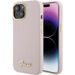 Guess Silicone Script Metal Logo & Frame &uuml;mbris jaoks iPhone 15 - roosa