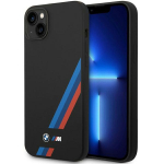 BMW silikoon&uuml;mbris kaldus triipudega iPhone 14 Plus / 15 Plus jaoks, must