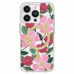 Rifle Paper Clear MagSafe &uuml;mbris seadmele iPhone 14 Pro, kuldset tooni kaunistusega, Rose Garden mustriga