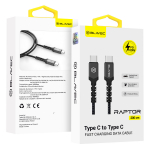 Blavec kabelis Raptor pintas - Type C į Type C - PD 100W 5A 2 metrai Apple CarPlay/Android Auto (CRA-CC5BG20) juodas-pilkas