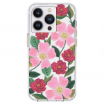 Rifle Paper Clear &uuml;mbris seadmele iPhone 14 Pro Max, kuldset tooni kaunistusega, Rose Garden mustriga