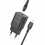 Borofone Sieninis įkroviklis BN13 Safety GaN - Type C - PD 30W su Type C į Lightning kabeliu juodas