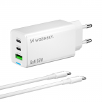 Wozinsky GaN 65W Laadija koos USB-A 2xUSB-C Ports koos 65W USB-C Kaabel - valge
