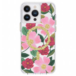 Rifle Paper Clear MagSafe &uuml;mbris seadmele iPhone 14 Pro Max, kuldset tooni kaunistusega, Rose Garden mustriga