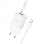 Borofone Sieninis įkroviklis BN14 Royal GaN - USB + Type C - QC 3.0 PD 30W su Type C į Lightning kabeliu baltas