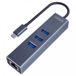 Savio AK-57 USB-C - 3 x USB-A &scaron;akotuvas su RJ-45 Gigabit Ethernet adapteriu, 5000 Mbps, pilkos spalvos