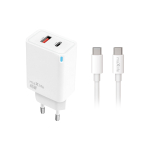 Valge laadija Maxlife MXTC-09-45AC, PD, QC, 1 x USB-C, 1 x USB, 45 W, koos 2,0 m USB-C&ndash;USB-C 60 W kaabliga