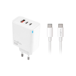 Valge laadija Maxlife MXTC-09-65ACC, PD, QC, 2 x USB-C, 1 x USB, 65 W, koos 2,0 m USB-C&ndash;USB-C 100 W kaabliga