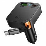 Automobilinis įkroviklis Hoco su i&scaron;traukiamu kabeliu 2 x USB C + USB A QC PD 65W NZ18 juodas