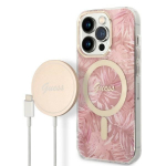 Rinkinys Guess GUBPP14LHJEACSP Dėklas+ Įkroviklis iPhone 14 Pro 6,1" rožinis hard dėklas Jungle MagSafe