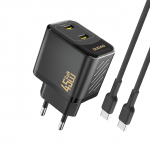 Dudao A28PCEU PD 45W GaN 2xUSB-C seinalaadija USB-C kaabliga - must
