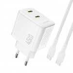 Dudao A28PCEU PD 45W GaN 2xUSB-C seinalaadija USB-C kaabliga - valge