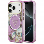 GUESS &uuml;mbris jaoks IPHONE 17 Pro Max compatible with MagSafe GUHMP17XHFLPEDU (IML Metal Glitter Flowers Triangle) lilla