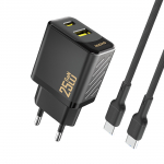 Dudao A26TCEU PD QC 25W GaN USB-A USB-C seinalaadija USB-C kaabliga - must