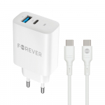 Forever TC-07-30AC PD QC įkroviklis 1x USB-C 1x USB 30W baltas + USB-C - USB-C laidas 60W