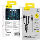 Blavec Trixo punutud kaabel - USB kuni 2xType C + Lightning - QC 18W PD60W 3A 1,3 m (CTR-U2CL3B13) must