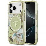 GUESS &uuml;mbris jaoks IPHONE 17 Pro Max compatible with MagSafe GUHMP17XHFLPEDN (IML Metal Glitter Flowers Triangle) roheline