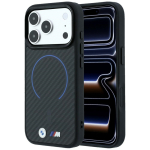 BMW M Kevlar Blue Print Ring Metal Logo &uuml;mbris seadmele iPhone 18 Pro Max / 17 Pro Max, MagSafe-&uuml;hilduv &ndash; must