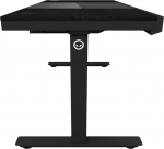 Lorgar Dual-motor sit/stand adjustable-height gaming desk with built-in PC case, wireless charger, RGB lighting, control panel, and USB ports, PB melamine surface tabletop, black.