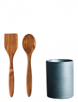 Aida - Raw Northern Green - Redskabskrukke M/Palet + Grydeske I Teak 1 Stk H15Xd10 Cm Gave&aelig;ske - Kitchen Storage - ONE SIZE