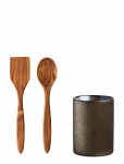 Aida - Raw Metallic Brown - Redskabskrukke M/Palet + Grydeske I Teak 1 Stk H15Xd10 Cm Gave&aelig;ske - Kitchen Storage - ONE SIZE