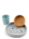 Done By Deer - Silicone Dinner Set Elphee Grey/Mustard/Blue - &Otilde;htus&ouml;&ouml;gikomplektid - PLATE:&Oslash;18X H 2.5CM.BOWL:&Oslash;10X H 3.5CM.MUG:&Oslash;6.6X H 7.5CM