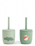 Done By Deer - Silicone Straw Cup 2-Pack Playground Green - Nokaga tasssid - CUP:&Oslash; 7X H 7CM.STRAW:13.5CM