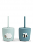 Done By Deer - Silicone Straw Cup 2-Pack Tiny Farm Blue - Tassid ja kruusid - CUP:&Oslash; 7X H 7CM.STRAW:13.5CM