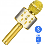 Juhtmevaba karaoke kuldne mikrofon, laste karaoke mikrofon, Bluetooth karaoke mikrofon, karaoke mikrofon lastele, juhtmevaba Bluetooth mikrofon, kullav&auml;rvi karaoke mikrofon