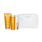 Clarins Set Clarins: Aroma, Essential Oils, Hydrating, Body Oil, 200 ml + Aroma, Essential Oils, Shower Gel, All Over The Body, 200 ml + Lip Confort, Lip Oil, 01, 1.4 ml *Miniature + Clarins, Zippered, GWP Textile Pouch, White