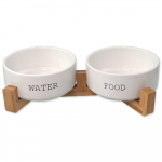 Dog Fantasy Water & Food Bowl White Set With Bamboo Stand M restiga keraamilised kausid koertele, 2 x 0.85 l