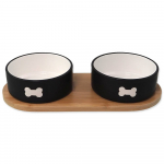 Dog Fantasy Bone Print Bowl With Bamboo Plate luumustriga keraamilised topeltkausid bambusrestiga, mustad, 2 x 0,4 l