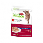 Natural Trainer Cat Beef t&auml;isv&auml;&auml;rtuslik toit t&auml;iskasvanud kassidele, konservid t&uuml;kkidena želees veiseliha, kanaliha ja j&otilde;hvika ekstraktiga, 85 g