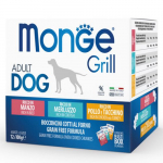 Monge Grill Multipacks Veiseliha, Tursk, Kana ja Kalkuniliha konservid t&auml;iskasvanud koertele, erinevad maitsed, 12x100 g