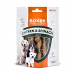 Boxby Chicken&Spinach Sticks t&auml;iends&ouml;&ouml;t t&auml;iskasvanud koertele kanaliha ja spinatiga, 100 g