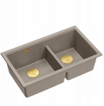 Zlewozmywak GraniteQ QUADRON | LOGAN 120 | granitowy zlewozmywak kuchenny SOFT TAUPE + ZŁOTO PVD | wymiar: 76 x 45 x 23,5 cm | 2-komorowy wpuszczany | podbudowa szafki od: 80 cm | brak | 5905505509674