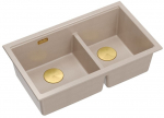 Zlewozmywak GraniteQ QUADRON | LOGAN 120 | granitowy zlewozmywak kuchenny PEARL BEIGE + ZŁOTO PVD | wymiar: 76 x 45 x 23,5 cm | 2-komorowy podwieszany | podbudowa szafki od: 80 cm | brak | 5906954200099